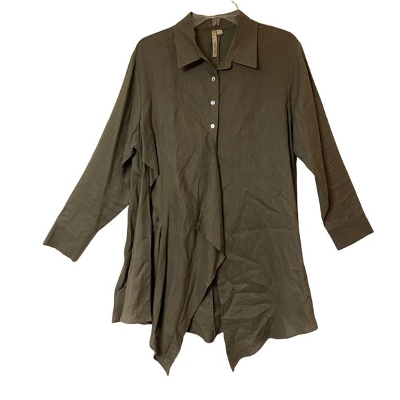 Comfy USA Linen Tunic Top Green Lagenlook Draped Button Front Long Sleeve Size M